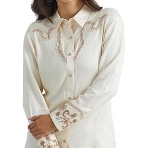 Wrangler Cream and Brown Embroidered Button Down Shirt